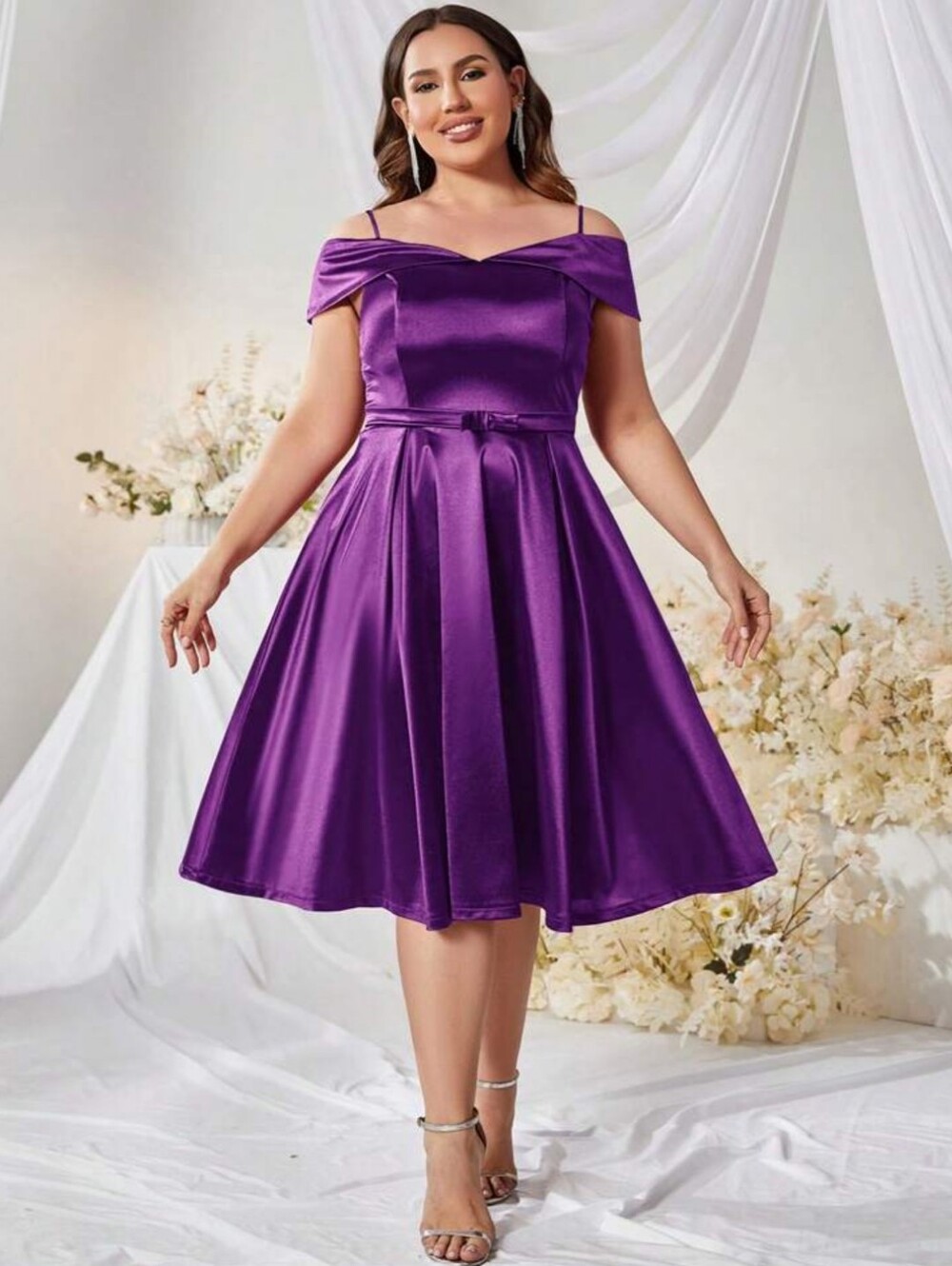Purple Off-Shoulder Satin Cocktail Dress